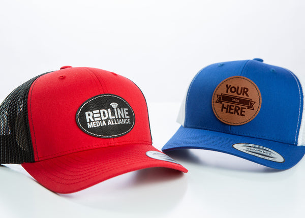 Custom cap with laser engraved leatherette patch.