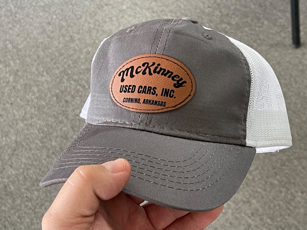 Custom cap with laser engraved leatherette patch.